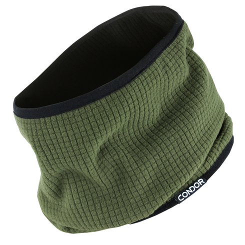 The Condor Reversible Gaiter features green textured fabric, black trim, and a small label at the edge—ideal for bushcraft or law enforcement—shown against a white background.