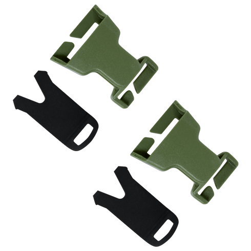 Two olive drab VAS QD Buckles by Condor, along with two black plastic inserts, displayed on a white background.