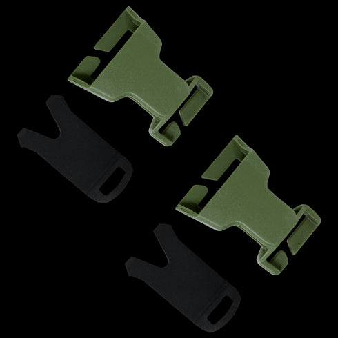 Two Condor VAS QD Buckles (2 Pack) and two flat black plastic tools are arranged side by side on a white background, ideal for Military or Law Enforcement use.