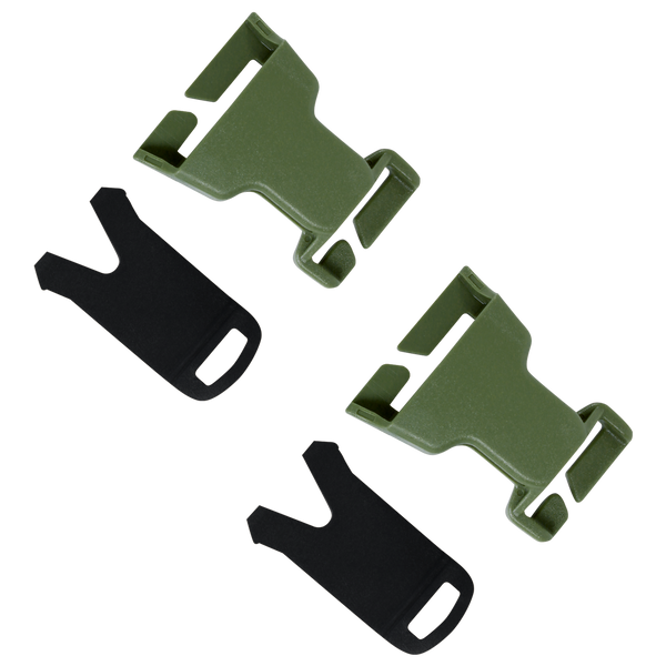 Two olive drab VAS QD Buckles by Condor, along with two black plastic inserts, displayed on a white background.