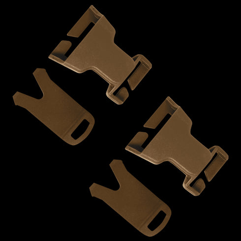 Two Condor VAS QD Buckles (2 Pack) in brown plastic with detachable inserts are arranged diagonally on a white background—perfect for military or shooting range gear.