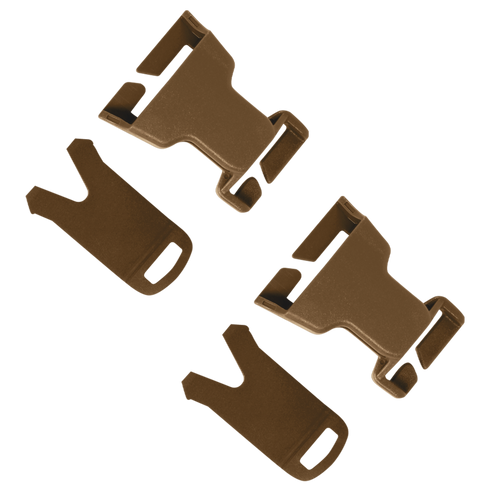 Four Condor VAS QD Buckles in coyote brown, along with two matching flat pieces, are arranged on a white background.