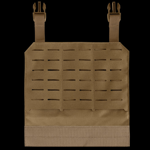 Front view of the Condor LCS VAS Molle Panel in tan, featuring laser-cut slits and two top buckles for attachment. On SALE now.