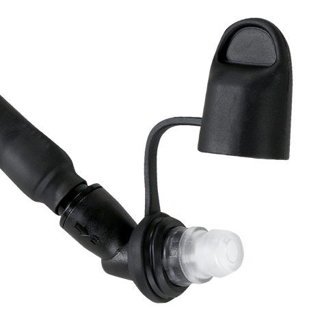 Close-up of the Condor Hydration Carrier - MultiCam Black nozzle, featuring a transparent tip and hinged cap, designed for tactical liquid dispensing or inflation by first responders or law enforcement.