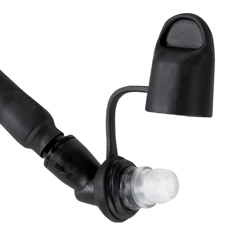 Close-up of the Condor Hydration Carrier - MultiCam Black nozzle, featuring a transparent tip and hinged cap, designed for tactical liquid dispensing or inflation by first responders or law enforcement.