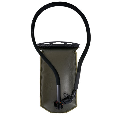 The Condor Torrent Reservoir Gen II is a green hydration bladder with a black drinking hose and mouthpiece, designed for carrying and dispensing water during outdoor activities.