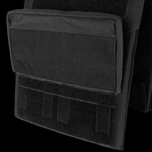 Close-up of the Condor Specter Kangaroo Pocket tactical vest in black, featuring a front pouch and multiple straps—ideal for law enforcement or first responders needing to attach extra gear.
