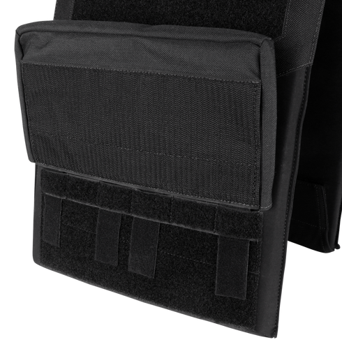 Close-up of the Condor Specter Kangaroo Pocket tactical vest in black, featuring a front pouch and multiple straps—ideal for law enforcement or first responders needing to attach extra gear.