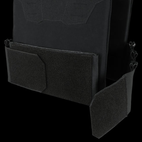 A close-up of the Condor Specter Kangaroo Pocket, a black tactical vest with Velcro-secured panels and multiple attachment points—perfect gear for the shooting range.