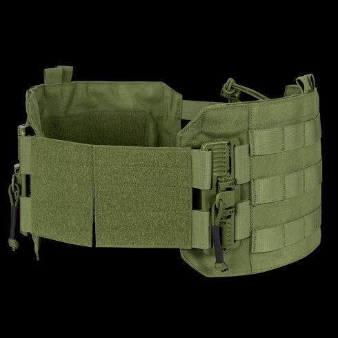 Condor RS Cummerbund Retro Kit in olive green with MOLLE webbing, adjustable straps, plastic buckles, and hook-and-loop fastener—ideal for military and law enforcement—displayed on a white background.