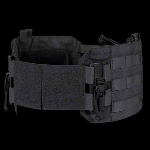 The Condor RS Cummerbund Retro Kit is a black tactical belt with adjustable straps, MOLLE webbing, quick-release buckles, and Velcro panels—ideal for law enforcement or first responders. Shown on a white background.
