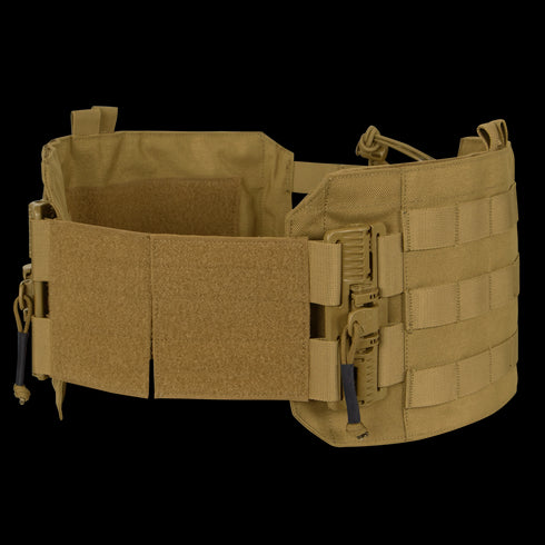 The Condor RS Cummerbund Retro Kit, shown on a white background, features tan MOLLE webbing, hook-and-loop closure, and quick-release buckles—ideal for tactical, military, or law enforcement use.