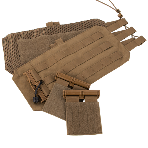 The Condor RS Cummerbund Retro Kit in tan features modular tactical gear components—pouches, straps, mesh, and plastic clips—nicely arranged on a white background.