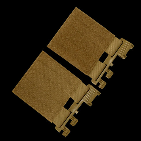 Two tan Condor RS Cummerbund Retro Kit nylon straps with hook-and-loop fasteners and plastic buckles, laid flat on a white background.
