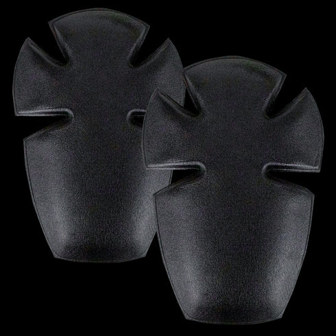 Two black, curved Condor Elbow Pad Inserts with cross-shaped cutouts, designed for insertion into clothing or gear for added protection—ideal for First Responders or Law Enforcement.