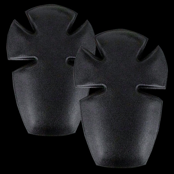 Two black, curved Condor Elbow Pad Inserts with cross-shaped cutouts, designed for insertion into clothing or gear for added protectionāideal for First Responders or Law Enforcement.