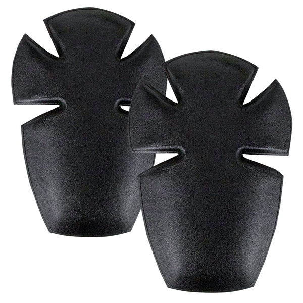 Two black, curved Condor Elbow Pad Inserts with cross-shaped cutouts, designed for insertion into clothing or gear for added protection—ideal for First Responders or Law Enforcement.