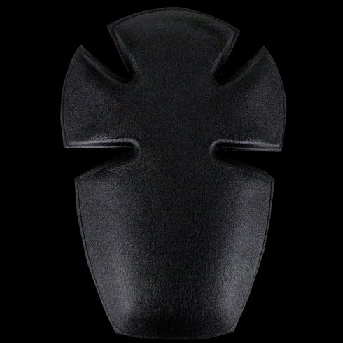 A black, shield-shaped Elbow Pad Insert by Condor with four curved notches—resembling law enforcement emblems—set against a transparent background.