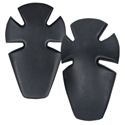 Two black, symmetrical Condor Knee Pad Inserts with groove cutouts, made of plastic, are shown side by side on a transparent background—ideal for EDC or first responder gear.