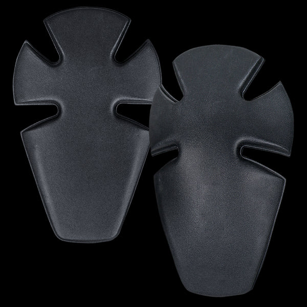 Two black, symmetrical Condor Knee Pad Inserts with groove cutouts, made of plastic, are shown side by side on a transparent backgroundāideal for EDC or first responder gear.