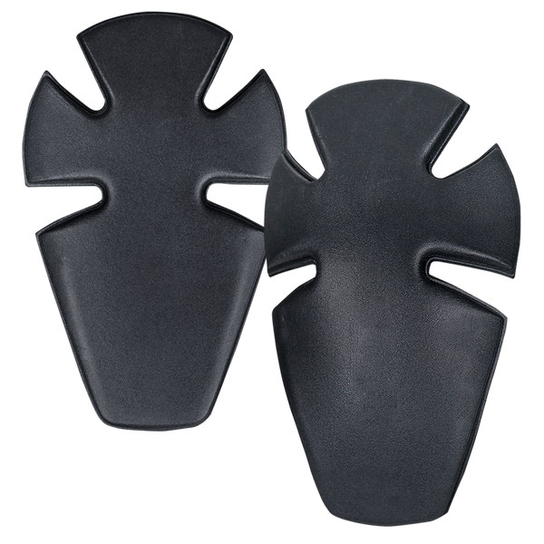 Two black, symmetrical Condor Knee Pad Inserts with groove cutouts, made of plastic, are shown side by side on a transparent backgroundāideal for EDC or first responder gear.