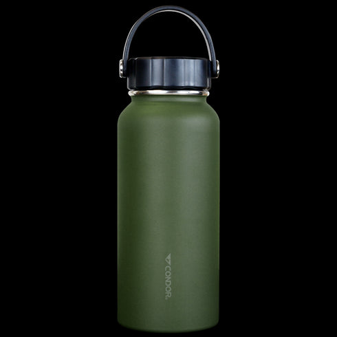 The Condor Vacuum Sealed Thermal Bottle is a green stainless steel bottle with a black screw-on lid, metal carrying handle, and the Condor logo—ideal for bushcraft or everyday carry.