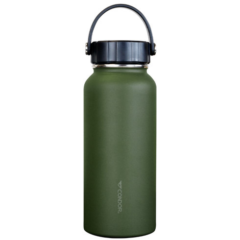 The Condor Vacuum Sealed Thermal Bottle is a green stainless steel bottle with a black screw-on lid, metal carrying handle, and the Condor logo—ideal for bushcraft or everyday carry.