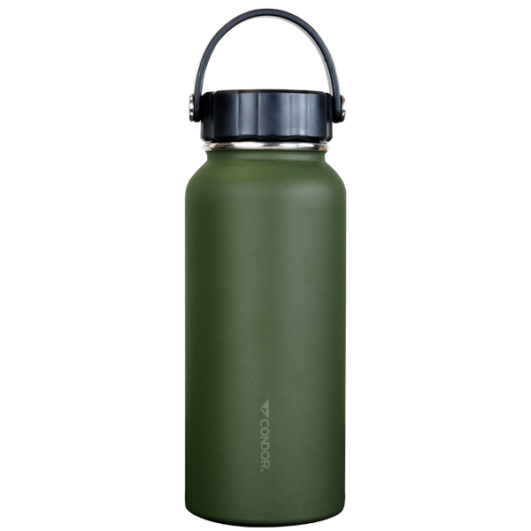 The Condor Vacuum Sealed Thermal Bottle is a green stainless steel bottle with a black screw-on lid, metal carrying handle, and the Condor logo—ideal for bushcraft or everyday carry.