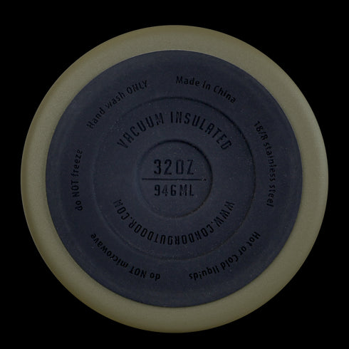 Bottom view of Condor Vacuum Sealed Thermal Bottle lid, ideal for EDC or bushcraft; shows product details, care instructions, and a 32 oz (946 ml) capacity marking.