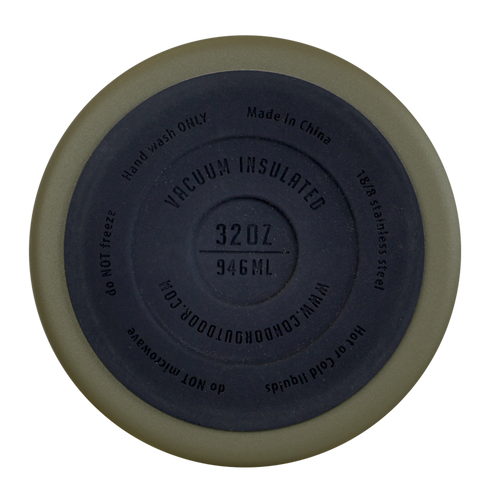 Bottom view of Condor Vacuum Sealed Thermal Bottle lid, ideal for EDC or bushcraft; shows product details, care instructions, and a 32 oz (946 ml) capacity marking.