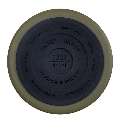 Bottom view of Condor Vacuum Sealed Thermal Bottle lid, ideal for EDC or bushcraft; shows product details, care instructions, and a 32 oz (946 ml) capacity marking.
