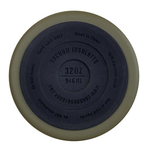 Bottom view of Condor Vacuum Sealed Thermal Bottle lid, ideal for EDC or bushcraft; shows product details, care instructions, and a 32 oz (946 ml) capacity marking.