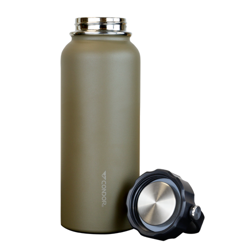 The Condor Vacuum Sealed Thermal Bottle, featuring an olive green stainless steel body and a black and silver screw-on lid, is an EDC essential designed for military or law enforcement professionals on the go.