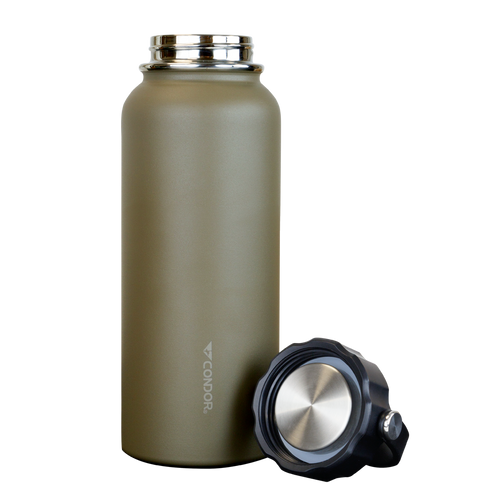 The Condor Vacuum Sealed Thermal Bottle, featuring an olive green stainless steel body and a black and silver screw-on lid, is an EDC essential designed for military or law enforcement professionals on the go.
