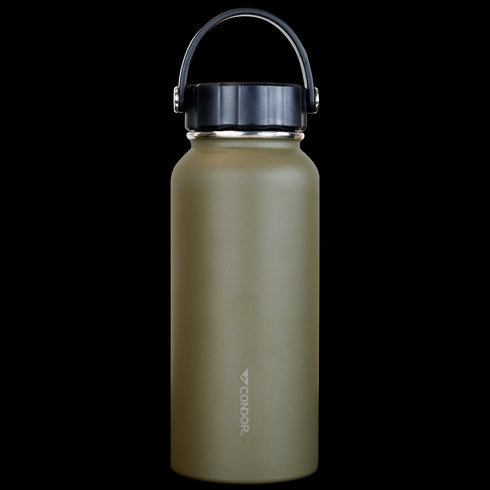 The Condor Vacuum Sealed Thermal Bottle is a matte olive green metal bottle with black handle and lid, logo printed vertically near the bottom—perfect for bushcraft or EDC kits.