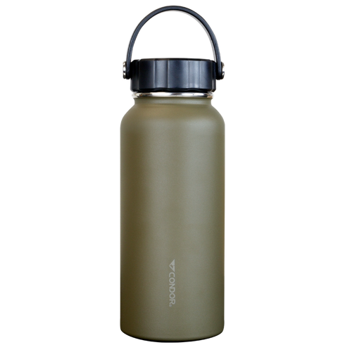 The Condor Vacuum Sealed Thermal Bottle is a matte olive green metal bottle with black handle and lid, logo printed vertically near the bottom—perfect for bushcraft or EDC kits.