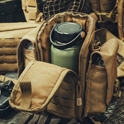A tactical tan backpack unzipped to show a Condor Vacuum Sealed Thermal Bottle inside—perfect for bushcraft or everyday carry with its multiple compartments.
