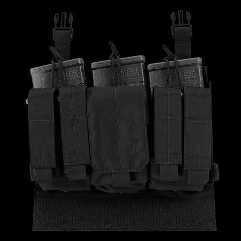 The Condor VAS M14 Recon Panel | SALE is a black tactical chest rig with four magazine pouches and adjustable shoulder straps—perfect for military or bushcraft use.