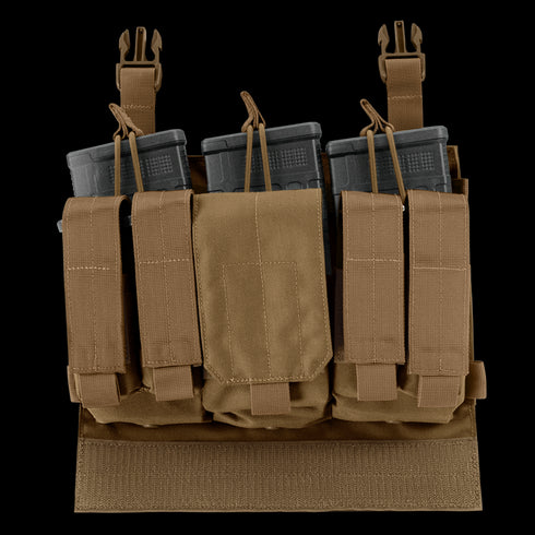 The Condor VAS M14 Recon Panel in tan features five pouches, each holding a black rifle magazine—perfect for law enforcement or EDC—shown on a white background.