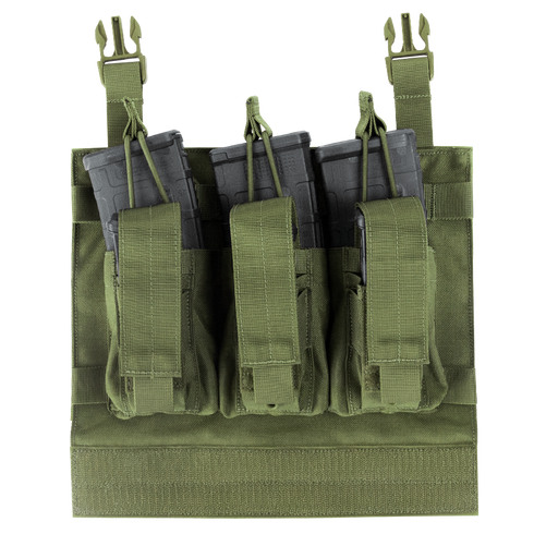 The Condor VAS Kangaroo Mag Panel Gen II features three compartments for black rifle magazines, secured by elastic retention cords—ideal for military or law enforcement use.