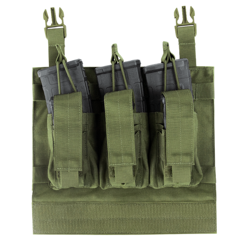 The Condor VAS Kangaroo Mag Panel Gen II features three compartments for black rifle magazines, secured by elastic retention cords—ideal for military or law enforcement use.