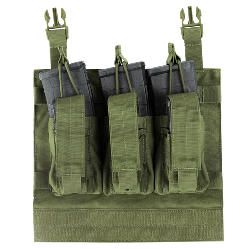 The Condor VAS Kangaroo Mag Panel Gen II features three compartments for black rifle magazines, secured by elastic retention cords—ideal for military or law enforcement use.