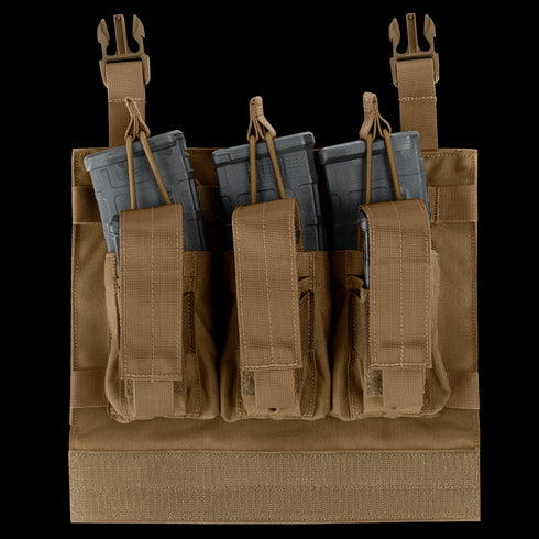 The Condor VAS Kangaroo Mag Panel Gen II is a brown tactical chest rig with three pouches for rifle magazines, secured by straps and buckles—perfect for military use or shooting range days.
