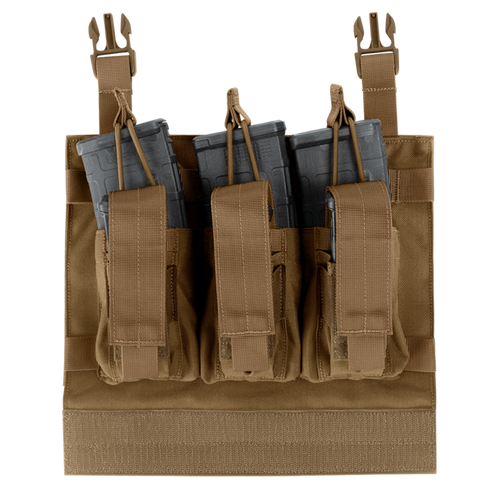 The Condor VAS Kangaroo Mag Panel Gen II is a brown tactical chest rig with three pouches for rifle magazines, secured by straps and buckles—perfect for military use or shooting range days.