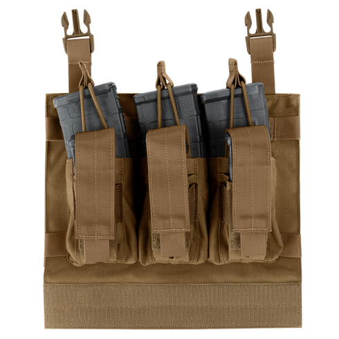 The Condor VAS Kangaroo Mag Panel Gen II is a brown tactical chest rig with three pouches for rifle magazines, secured by straps and buckles—perfect for military use or shooting range days.