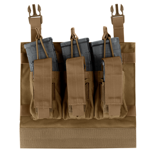 The Condor VAS Kangaroo Mag Panel Gen II is a brown tactical chest rig with three pouches for rifle magazines, secured by straps and buckles—perfect for military use or shooting range days.
