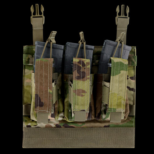 The Condor VAS Kangaroo Mag Panel Gen II in Scorpion OCP holds three rifle magazines in front-facing hook-and-loop flap pouches, secured with adjustable straps—ideal camouflage chest rig for the shooting range.