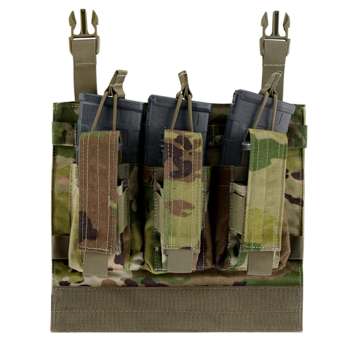 The Condor VAS Kangaroo Mag Panel Gen II in Scorpion OCP holds three rifle magazines in front-facing hook-and-loop flap pouches, secured with adjustable straps—ideal camouflage chest rig for the shooting range.