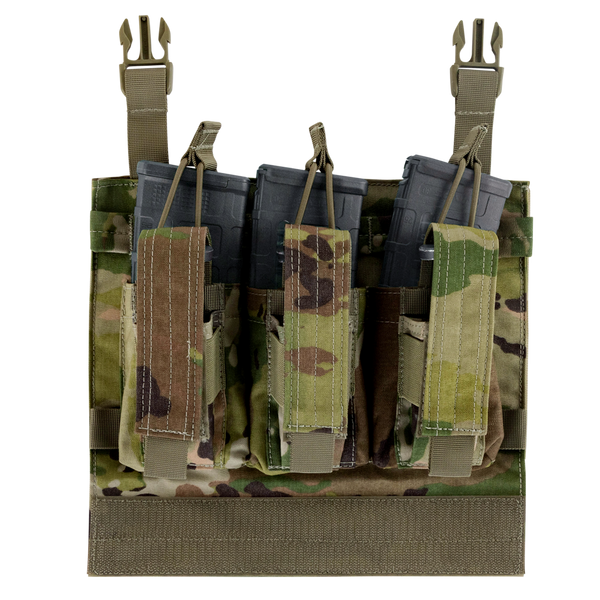 The Condor VAS Kangaroo Mag Panel Gen II in Scorpion OCP holds three rifle magazines in front-facing hook-and-loop flap pouches, secured with adjustable straps—ideal camouflage chest rig for the shooting range.