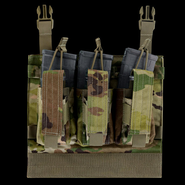 The Condor VAS Kangaroo Mag Panel Gen II in Scorpion OCP holds three rifle magazines in front-facing hook-and-loop flap pouches, secured with adjustable straps—ideal camouflage chest rig for the shooting range.